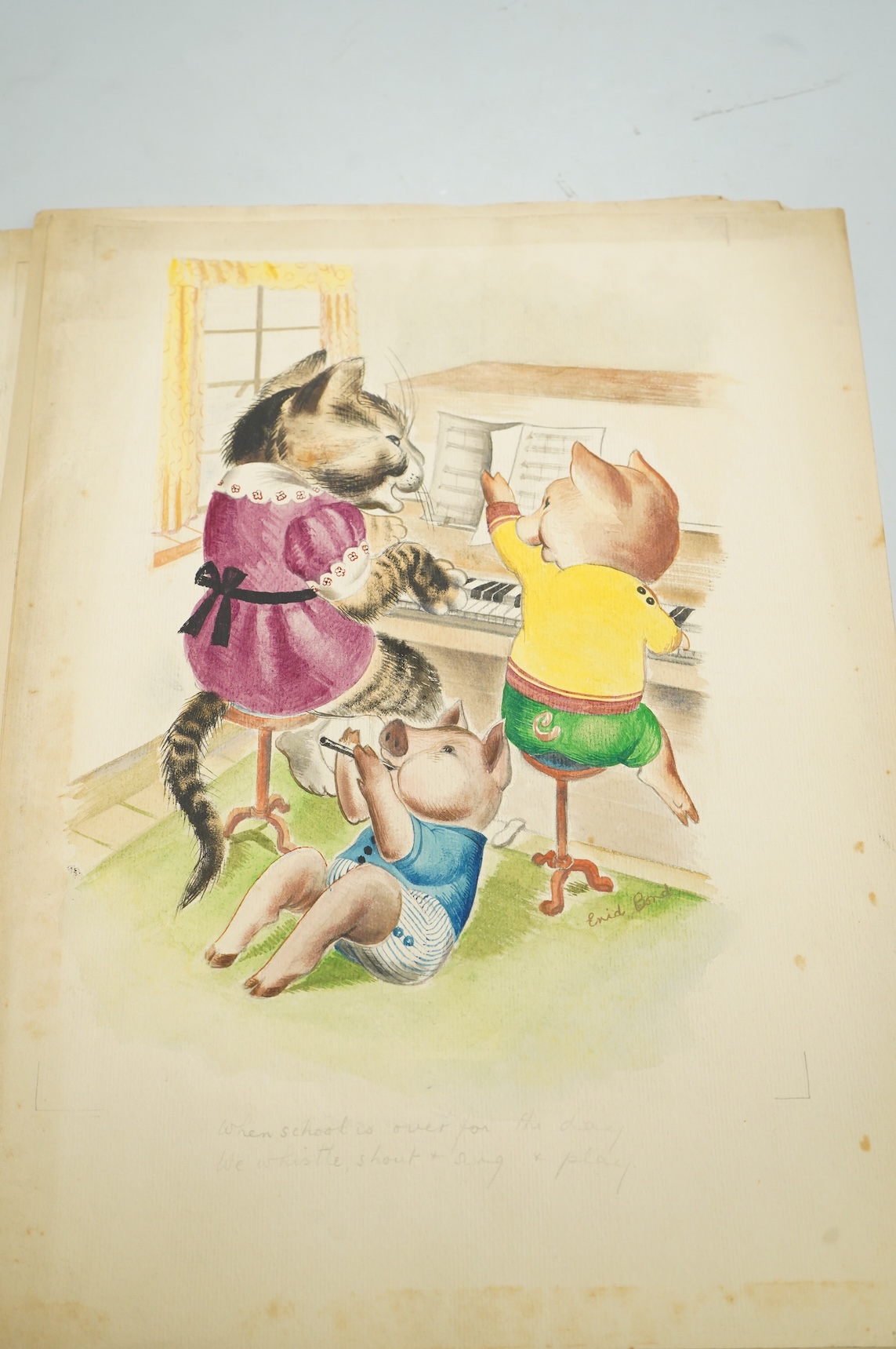 Enid Bond (20th. C), Set of six original watercolours for postcard designs, Humorous animals to include: cats, squirrels and badgers, each signed and inscribed in pencil, unframed, 36 x 27cm
